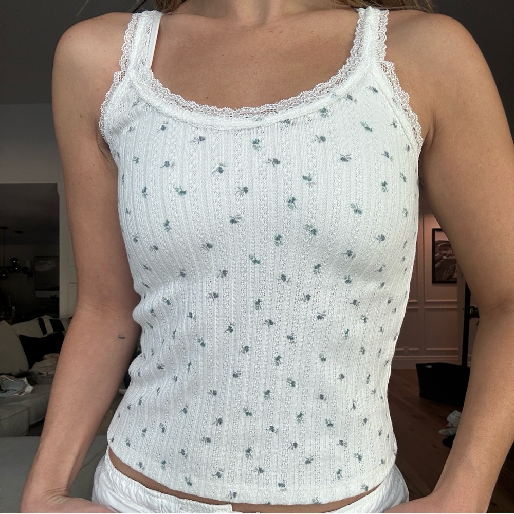 White Lace Trim Floral Tank Top